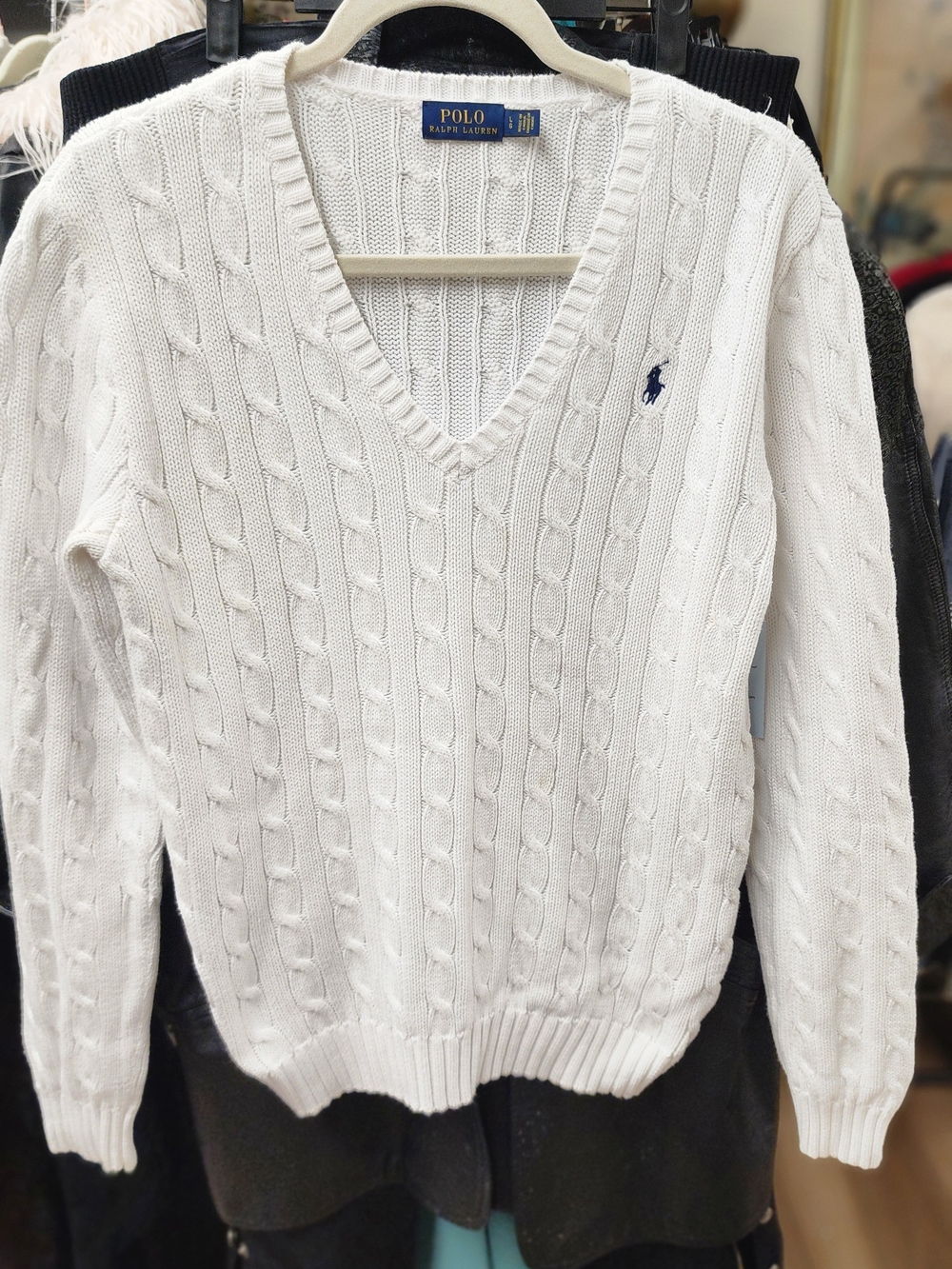 Ralph Lauren White Cable-Knit V-Neck Sweater with Navy Pony